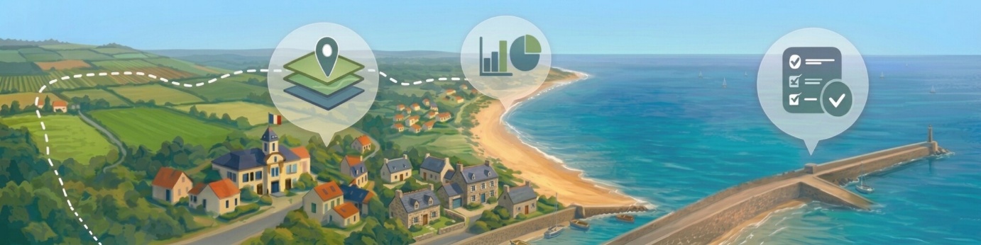 Image générée par une IA comprenant un village littoral, une côte sableuse et un ouvrage de protection (digue)