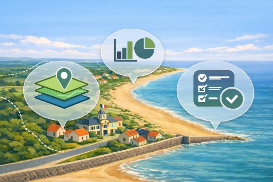 Image générée par une IA comprenant un village littoral, une côte sableuse et un ouvrage de protection (digue)